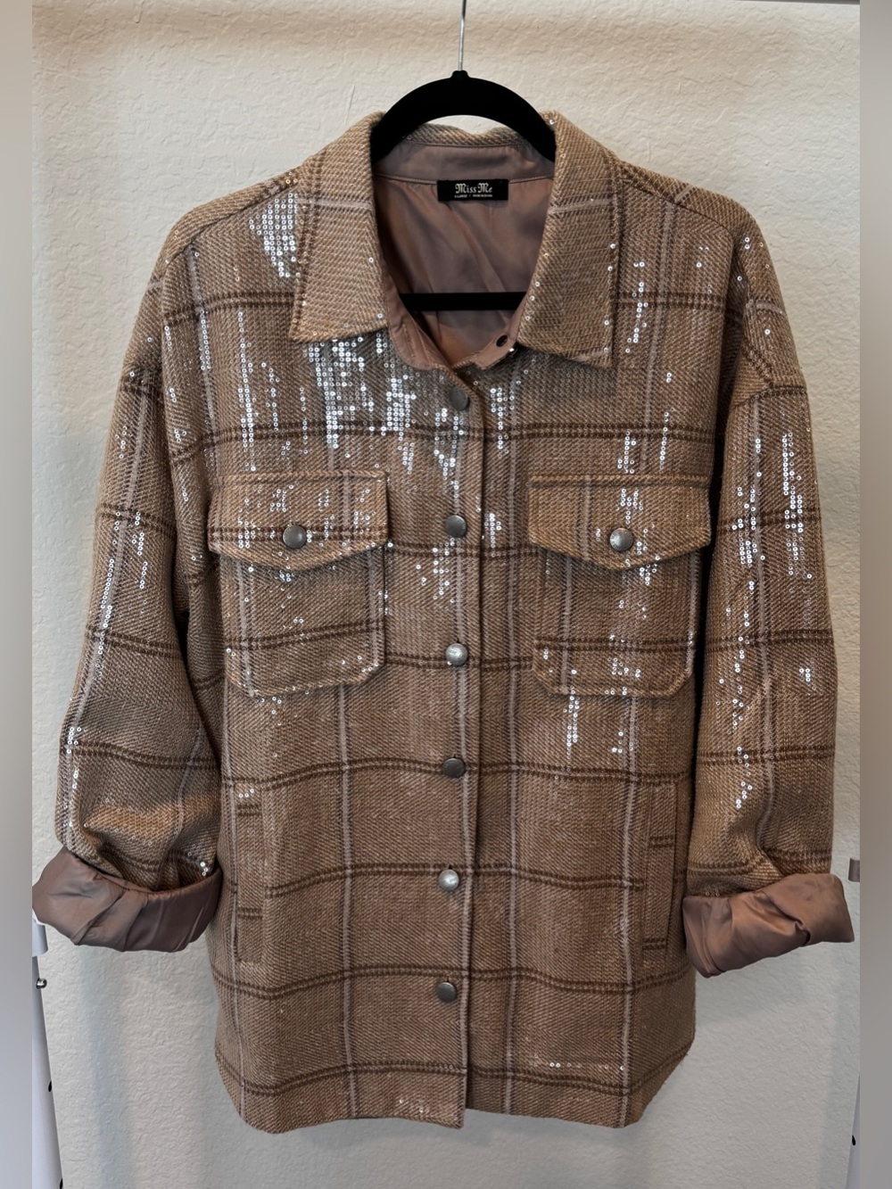 Miss Me Beige Plaid Sequined Oversized Shacket Size XL